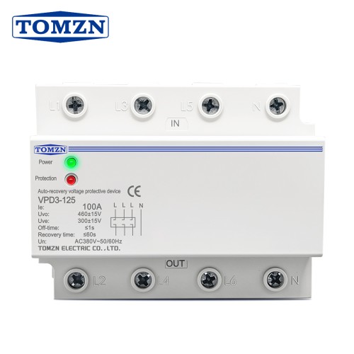 TOMZN 60A 380VAC Three Phase Four Wire DIN Rail Automatic Recovery Reconnect Over Voltage And Under Voltage Protection Relay LED