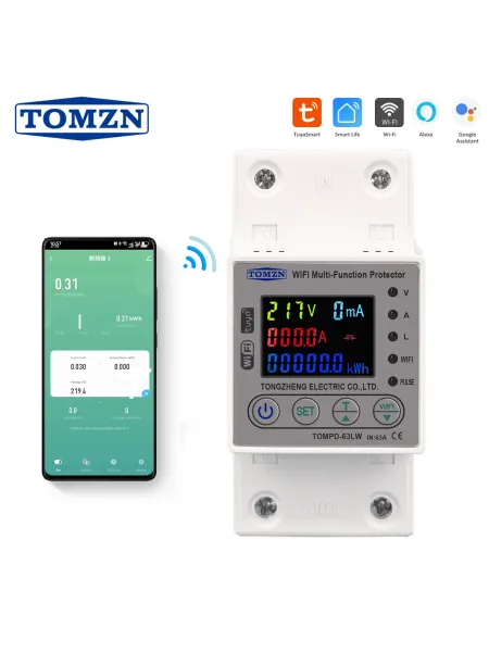 TOMZN 63A WIFI Smart Energy Meter Kwh Metering Circuit Breaker Timer with voltage current and leakage protection TUYA