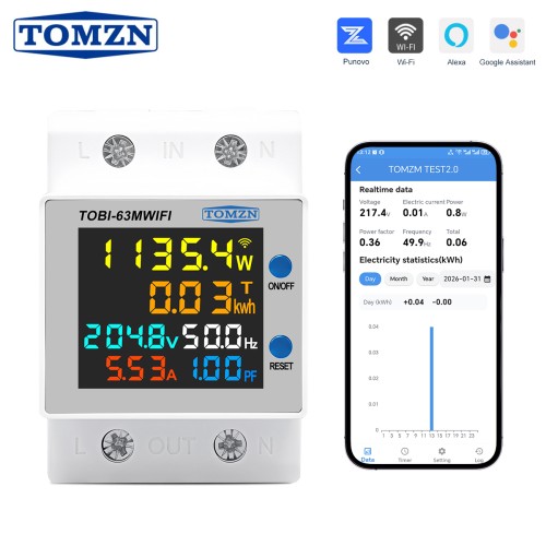 TOMZN TOBI-63MWIFI 6IN1 meter WIFI Smart Circuit breaker Voltage Current Power Bidirectional Energy frequency PF 85-265VAC 63A