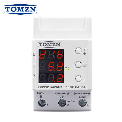 TOMZN Voltage Protector AC230V 63A Adjustable Over Under Voltage Protective Overload Protection OCP Auto Reconnect U-I-P Display