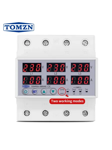 3 Phase 100A Din rail adjustable Over Under Voltage current limit protection Relay Protector SYN ASYNC Synchronous Asynchronous